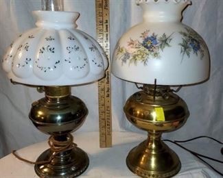 Brass Lamps.  2 electrified brass oil lamps with hand painted globes.