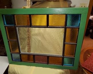 Vintage stained glass window, measures approx. 22 inches tall x 29.5 inches wide.
