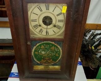 Alden A. Atkins Ogee shelf clock with original dial, with fruit bowl reverse painted glass, all original finish, brass works, pendulum with nice paper label, Alden A. Atkins, Bristol, Conn.