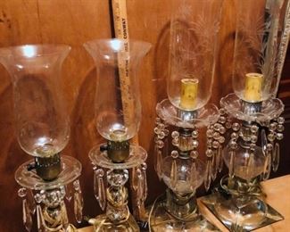 2 sets of vintage crystal lamps, with prisms and glass globes.