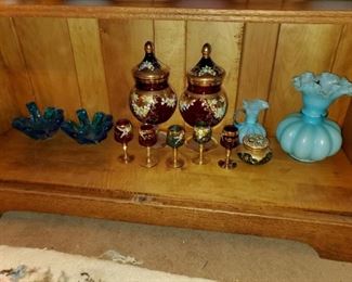Green and red painted Bohemian glass, blue glass bowls, and pitcher and vase, Depression ware bowls, etc. nice lot of collectible glass.