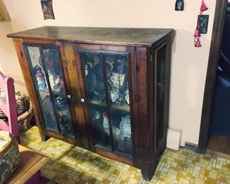 Antique pie safe, 50 inches wide x 44 inches tall x 17 inches deep.  2 doors, 2 shelves, with nice original hardware. Contents NOT included. (ce) Sat-Lot #86