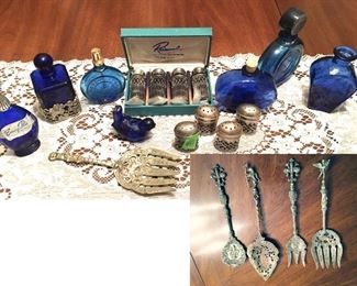 Cobalt Blue Glass Perfume bottles, salt and pepper shakers, cobalt glass bottles, ornate vintage serving utensils, etc. (ce) Sat-Lot #91