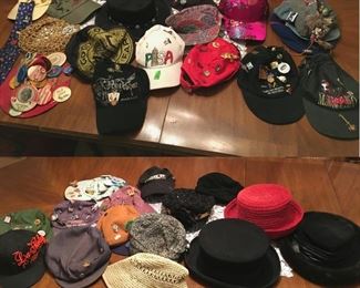 Estate collectino of hats, buttons, and pins, including sterling silver.  Wonderful estate collection of souvenir hats, buttons, and pins including Hard Rock Cafe, vintage sports buttons, tie with pins, vintage ladies hats, baseball cap, sports, souvenir, . (ce) Sat-Lot #93