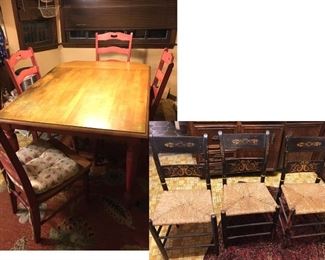 Farm table with 4 chairs, legs and chairs are painted, table has leaf on one end, measures approx. 60 inches long (with leaf open) x 42 inches side. 3 additional vintage chairs, stenciled with cained seats. (ce) Sat-Lot #95