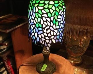 Vintage Leaded Glass Boudoir Lamp, measures approx. 14 inches tall.  Great colors! Sat-Lot #103
