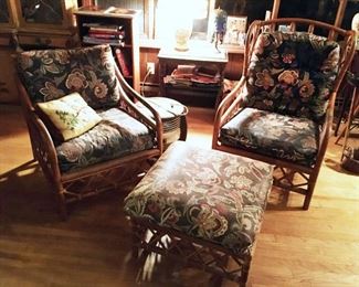Bamboo chairs, ottoman and side table, with nice, floral cushions. (ce) Sat-Lot #106