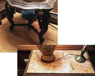 2 Side tables, one marble top and one with carved storks legs. (ce) Sat-Lot #110