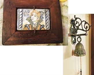Italian Majolica Saca Casa Tile, framed in wood measures approx. 9.5 inches wide x 8 inches tall, European brass bell. (ce) Sat-Lot #112