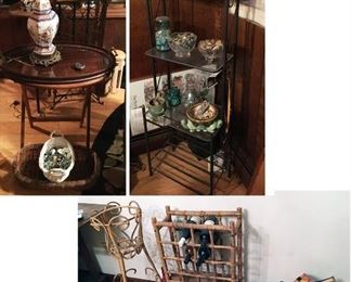 Wine racks, including bamboo wine rack, table lamps, side tables, bakers rack with contents including sea glass, wicker plant stand, etc. (ce) Sat-Lot #117