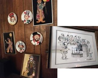 Clown Art including signed, numbered pen and ink, 2 framed needlepoint clowns, clown painting and clown collector's plates. (ce) Sat-Lot #120