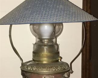 The Pittsburgh country store brass oil lamp with tin shade, has been electrified, hanging lamp. (ce) Sat-Lot #125