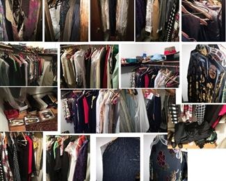 Estate closet contents including ladies fashion, beaded dress, silk kimono, hats, shoes, coats, men's clothing, all being sold as found, great estate discovery lot! (ce) Sat-Lot #130