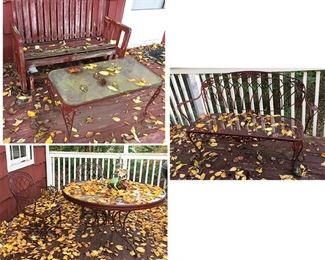 Estate outdoor furniture including matching table, 2 chairs, bench and side table, vintage wooden bench. (ce) Sat-Lot #135