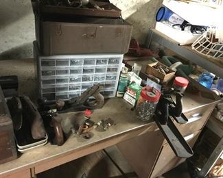 Mid-Century metal desk, desk contents, vintage planes, vintage metal tool box, shelf contents, nuts and bolts, etc. Local Connecticut area buyers: Would prefer to have picked up in person by buyer or representative.  Pick up date to be scheduled after auction.  This is a life and bulkhead for removal of large items.  Sat-Lot #194