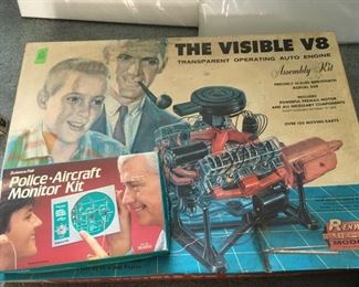 Vintage The Visible V8 transparent operating auto engine assembly kit all in original box, and Science Fare Police Aircraft Monitor Kit in original box. Sat-Lot #212