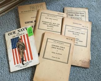 Vintage military manuels including War Department field manuals, FM 2175 Was Department Basic Field Manual, Our Navy, and The Post and Lester Co.'s 1920 Catalog of Motor Car Supplies.Sat-Lot #214