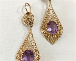 14kt gold drop style filigree earrings with 10mm x 8mm genuine faceted Amethyst. (ce) - Sun Lot #14
