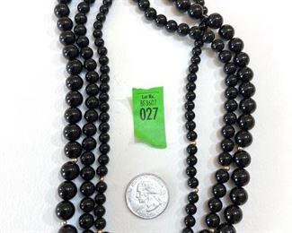 14kt Gold clasp and bead Black Onyx three (3) strand graduated bead necklace. (ce) - Sun Lot #27