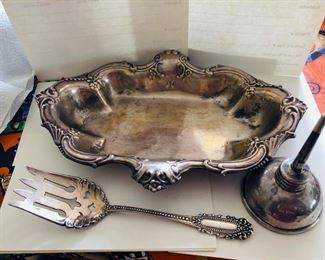 Sterling silver bowl, serving fork, and Tiffany and Co. sterling silver oil can. (ce) - Sun Lot #38