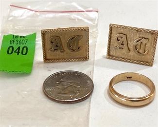 14kt Gold Initial Cuff Links and one (1) 14kt Gold Wedding band.  20 grams total or approx. 12.86 dwt. (ce) - Sun Lot #40