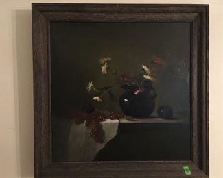 Danielle Wexler, Oil painting, Still Life on canvas, framed, measures approx. 24 inches x 24 inches frame size, Les Marquerittes signed on back of canvas.  Danielle Wexler (20th/21st Century) Artist, Chappaque, New York. (ce) - Sun Lot #45