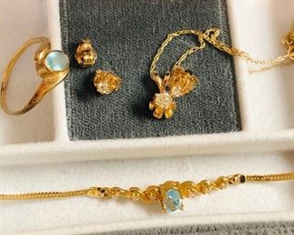 14kt Gold and diamond earrings and pendant, 14kt gold bracelet with aquamarine, 10k ring with aquamarine. - Sun Lot #49A