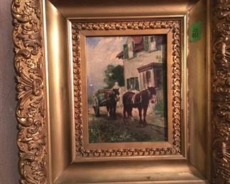 Antique signed oil painting in original gold gilt frame. Donkeys, Measures approx. 14 wide x 16 tall  (frame opening/canas size measures approx.  5.75 wide x 7.5 wide).  Matches oil painting Lot 52, looks to be same artist. (ce) - Sun Lot #51