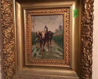 Antique signed oil painting in original gold gilt frame. Oxen, Measures approx. 14 wide x 16 tall  (frame opening/canas size measures approx.  5.75 wide x 7.5 wide).  Matches oil painting Lot 51, looks to be same artist. (ce) - Sun Lot #52
