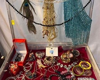 Estate jewelry including sterling silver bell and ring, beads, bangle bracelets, pin cushion, watch, pins, peacock feather hair clip, etc. All being sold for 1 money. Case is not included. - Sun Lot #52A