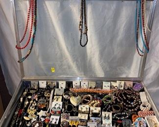 Estate jewelry including sterling silver pins and watch, beads, pins, earrings, bracelets, necklaces, ring box, watches, etc. All being sold for one money. Case is not included. - Sun Lot #53A