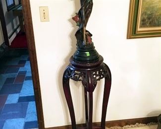 Bronze Art Nouveau Statue and teekwood pedestal with marble top insert.  Statue measures approx. 24 inches tall. Pedestal measures 36 inches tall x 12 inches wide. (ce) - Sun Lot #61
