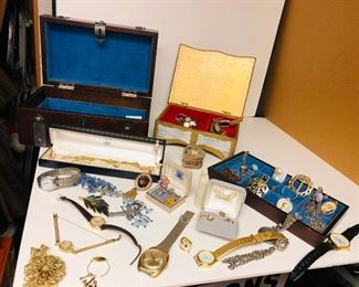 Estate jewelry lot includes watches, necklaces, pins, earings, vintage tie pins, etc. - Sun Lot #62A