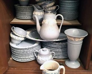 Wedgwood of Etruria and Barlaston, Made in England, Embossed Queensware, stamped1.  Set includes 1 platter, 11 dinner plates, 12 lunch plates, 12 bread and butter plates, 13 teacups, 15 saucers, creamer and sugar, teapot, vase, and pitcher. (ce) - Sun Lot #66