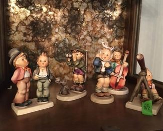 Estate Collection of 5 Hummel figurines including Good Hunting, Sweet Music, Star Gazer, Boy with Toothache, and Duet Boys Caroling.  Hummel by W. Goebel, W. Germany. (ce) - Sun Lot #72
