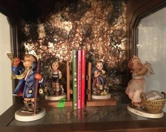 Estate Collection of Hummel Wooden Bookends with Little Goat Herder and Feeding Time (broken at base, can be repaired), 2 Hummel figurines Hear Ye, Heary Ye, and Wash Day. Hummel by W. Goebel, W. Germany. (ce) - Sun Lot #74