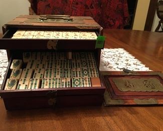 Vintage Asian Mahjong set in wood case with bone and bamboo tiles, sticks, box mesures approx. 9.5 inches wide  x 6.5 inches tall. (ce) - Sun Lot #81
