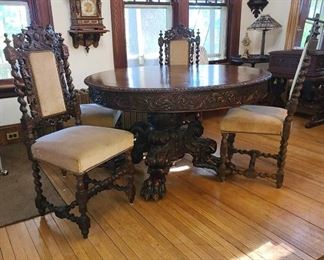4 Matching Outstanding acanthus carved oak dining chairs, carved backs with crests, finials, and twist columns, upholstered, twist back legs and cross members, carved front legs.  Were used with table in lot 87.  Very rare, beautifully carved matching oak chairs. - Sun Lot #87A