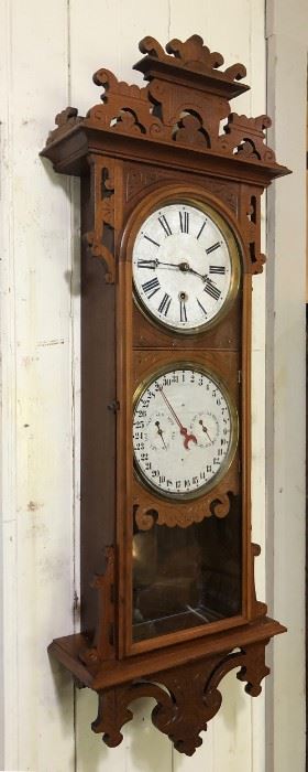 E.N. Welch Regulator Clock, Victorian Walnut, unusually carved wall hanging regulator clock, E. N. Welch Manufacturing Company, Forestville, CT with Gales Patent calendar, c. 1881. All original movement, From Chatham, Ma., Cape Cod Collection. Was in running order at the estate. - Sun Lot #108