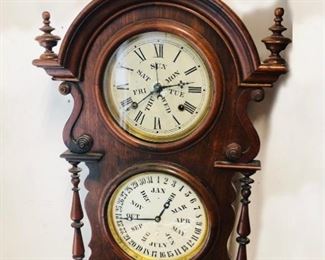 Welch, Spring and Co. Wagner Perpetual Calendar Clock. Double Dial 8 Day Wagner by Welch, Spring and Co., Bristol, CT, B.B. Lewis's Perpetual Calendar,  uncommon model with original label, was in running condition at the estate. - Sun Lot #114