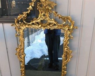 High Style gold gilt mirror with phoenix, very decorative, floral with pergoda like gold gilt. Measures approx. 64 inches tall x 32 inches wide. - Sun Lot #123