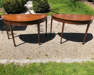 2 matching antique English Demilune Tables. Beautiful Demilune tables with gold gilt incising. Very rare to find matching pair! Each measures approx. 51” wide x 25” deep x 31” tall, Came from a beautiful home on North Street in Litchfield, CT. - Sun Lot #118