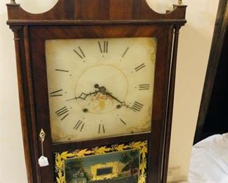 Seth Thomas Pillar and Scroll clock, beautiful clock with reverse painted glass with gold gilt, hand painted dial, pendulum, weights, and key, 3 brass finials, very nice label, Seth Thomas, Plymouth, Conn. - Sun Lot #130