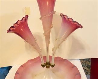 Victorian rare color cranberry opalescent glass epergne. 3 Trumpets, large size, all in original condition.Measures approx. 17 inches tall x 13 inches wide. - Sun Lot #131