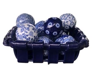 Porcelain Blue and White Carpet Balls in Tadinate Basket
