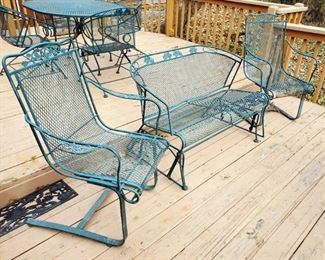 Wrought Iron Glider Bench And Matching Spring Loaded Arm Chairs Qty 2