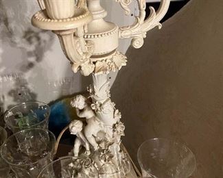 Double Putti Lamp and Elegant Etched Vintage Wine Glasses.