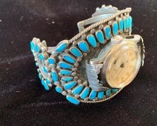 $145 Vintage Matilda and Valentino Banteah (Zuni) Sterling and Turquoise Watchband
