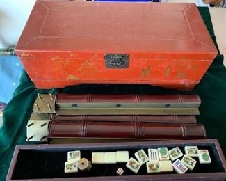 $100 (now $50) Cool old hand-painted Mahjong box, 20 1/2" x 9 1/4" x 7' (needs hinges repaired) with brass/wooden racks carved to look like bamboo and 2 trays with misc tiles (not complete set of game tiles)