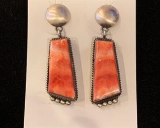 $70 Selena Warner (Acoma) sterling and spiny coral earrings